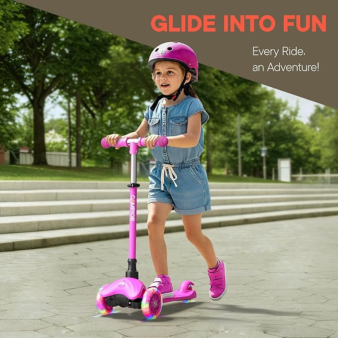Pink Mini 3 Wheel Scooter for Kids – Lean-to-Steer with LED Light-Up Wheels, Adjustable Handlebar, Wide Anti-Slip Deck, Smooth PU Wheels, Rear Foot Brake – Toddler Scooter for Ages 2+