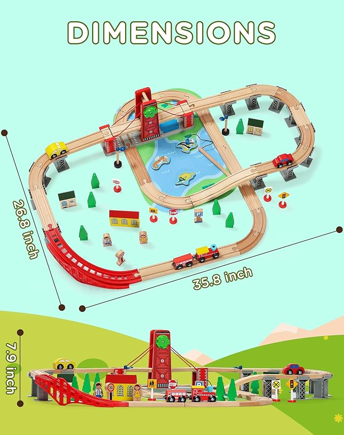 SainSmart Jr. Wooden Train Set for Toddler, Double-Side Wood Train Track with 4 Trains Fits Brio, Thomas, Melissa and Doug, Toy Railway Kit for Kids Ages 3+