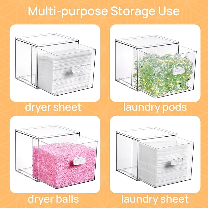 Vtopmart 2 Pack Dryer Sheet Holder and Laundry Pods Container,Clear Stackable Storage Drawers for Washing Powder, Scent Booster Beads, Color Catchers & Wool Balls, Ideal for Laundry Room Organization