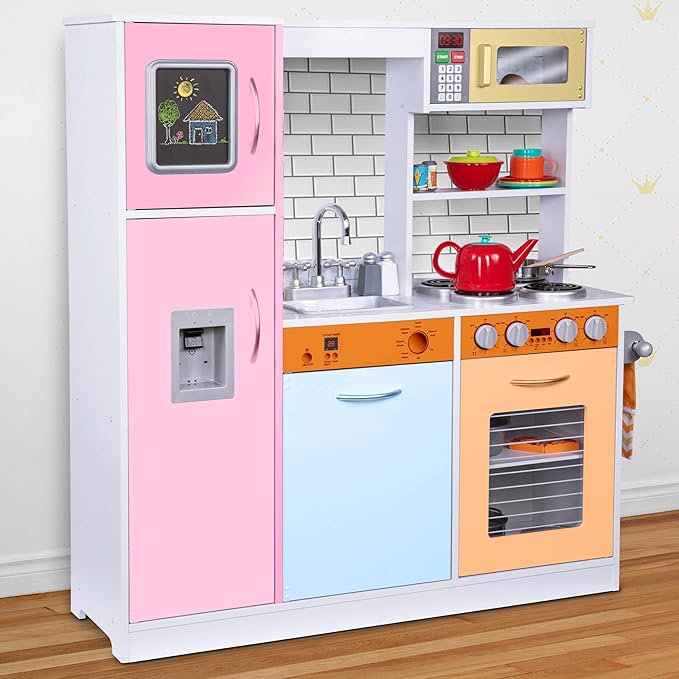 Lil' Jumbl Kids Kitchen Set, Pretend Wooden Play Kitchen, Battery Operated Icemaker & Microwave with Realistic Sound, Pots & Pan Included - Colorful