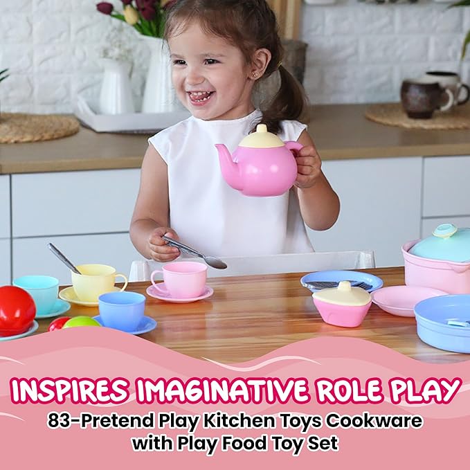 uToyz Kitchenware Playset – 83pcs Toddler Play Food Sets for Kids Kitchen Playset, Mini Toddler Cooking Set with Play Kitchen Accessories & Toy Food, Cooking Toys with Toy Pots & Pans for Kids Ages 3+