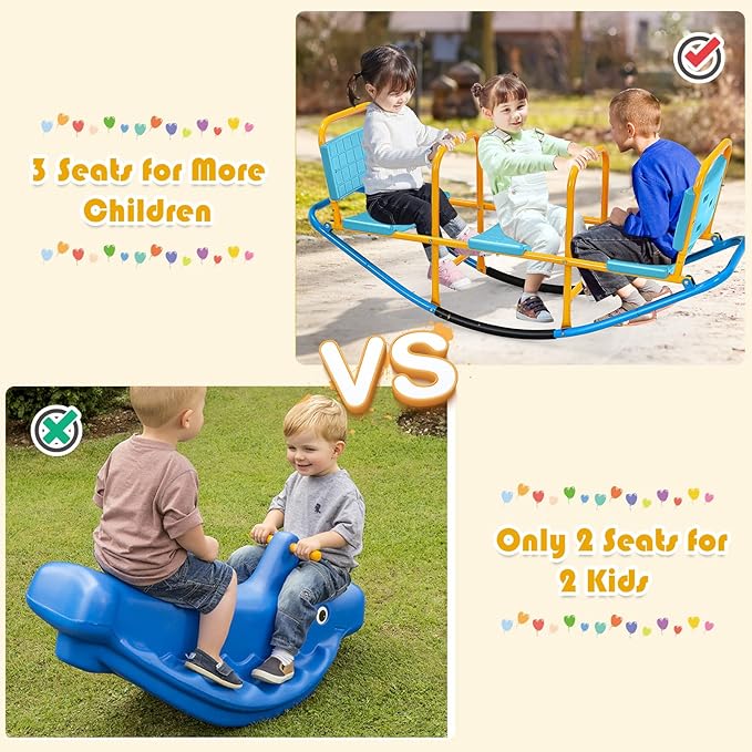 Costzon Teeter Totter Seesaw for Kids Outdoor, 2 in 1 Metal Rocking Seesaw for Toddlers with Easy-Grip Handles, Indoor Outdoor Rocker Toy Gifts for Ages 3-8, 1-3 Person Home Preschool Backyard See Saw