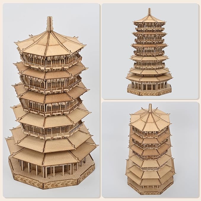 Wooden Pagoda 3D Puzzle for Adults - Wooden Puzzles, Creative Crafts for Adults, Birthday Christmas Party Favors Home Decor Gift - Six-Storied Pagoda with LED Light (1287pcs)