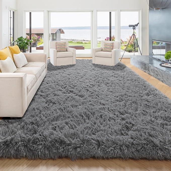 Grey Large Fluffy Shaggy Area Rug 8x10, Soft Thick Fur Living Room Carpet for Bedroom & Kids Room, Modern Farmhouse Decor, Big Indoor Furry Shag Plush Rug, Washable, Thick, Non-Slip, Cozy, Aesthetic