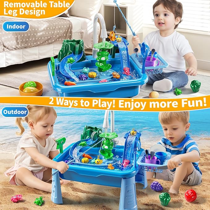 Water Table Play Sink Toy for Kids 2 3 4 5 6 Years Old - Outdoor Kitchen with Running Water, Fishing Games, Toddler Water Play Table for Kids Ages 3-8, Beach Outdoor Toys, Summer Gifts