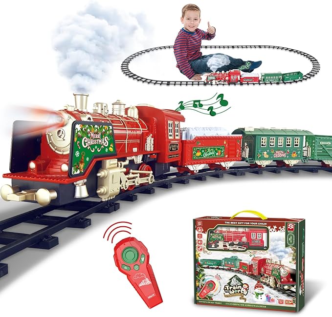 Train Set - Train Set for Under Christmas Tree - Remote Control Train Music, Light&Smoke 14 Pcs Track, Train Sets for Kids, Toddler Model Trains for 3 4 5 6 7 8 9 Years Old Boys, Girls, Birthday Gifts
