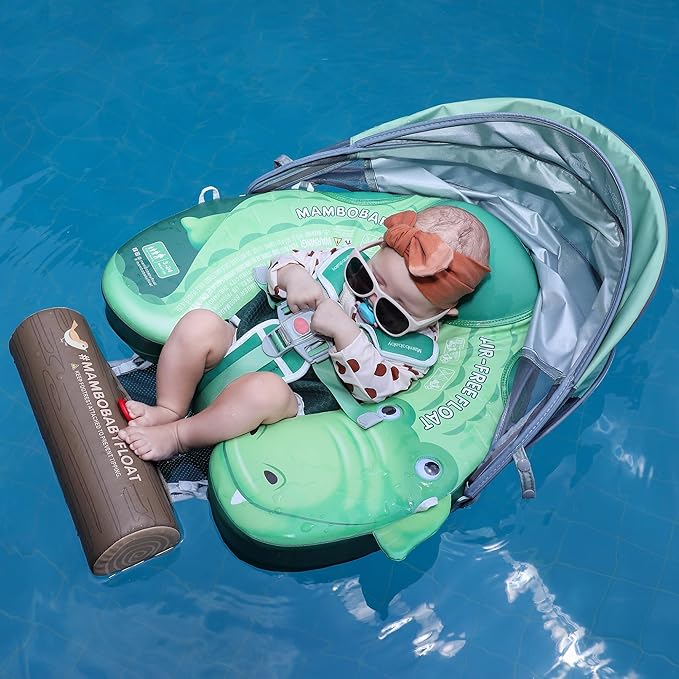 Mambobaby Float Add Tail Baby Swim Float with Canopy Solid Pool Infant Swim Trainer Swimming Training Lying Air Free Water Floats Non-Inflatable Waist Swim Ring for Toddlers (Crocodiles)