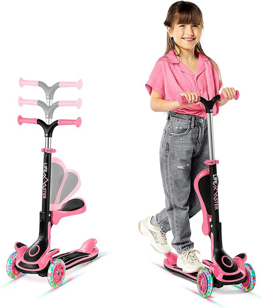 Kids Scooter – Foldable Seat – LED Wheel Lights Illuminate When Rolling – Children and Toddler 3 Wheel Kick Scooter – Adjustable Handlebar – Indoor and Outdoor- by Lifemaster