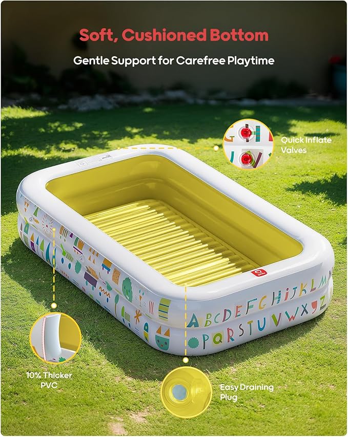 QPAU Kiddie Pool – 65" x 39" Inflatable Pool for Kids & Toddlers, Ball Pit & Baby Pool with Soft Cushioned Floor, Canopy for Sun Protection, Durable Outdoor Play Toys for Backyard & Indoor (Yellow)