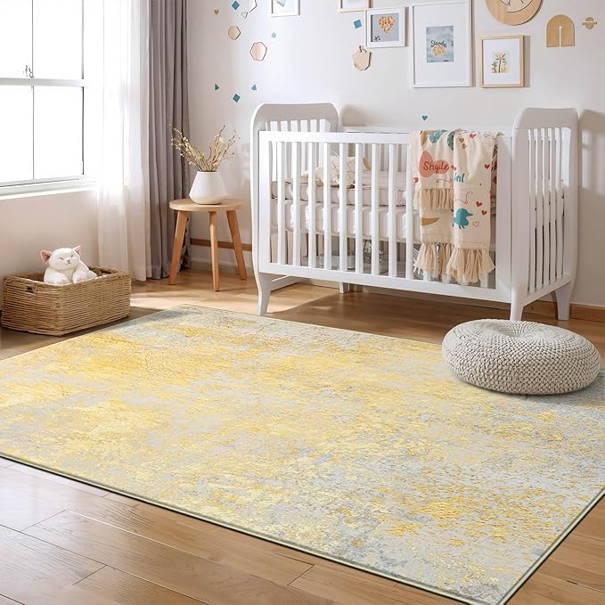 Area Rug 4x6 Rug Washable Boho Rugs Non Slip Low Pile Abstract Small Carpet for Entryway, Bedroom, Kitchen, Classroom, Kids Room, Office, Dorm, Dining Room (Orange, Silver & Gray)