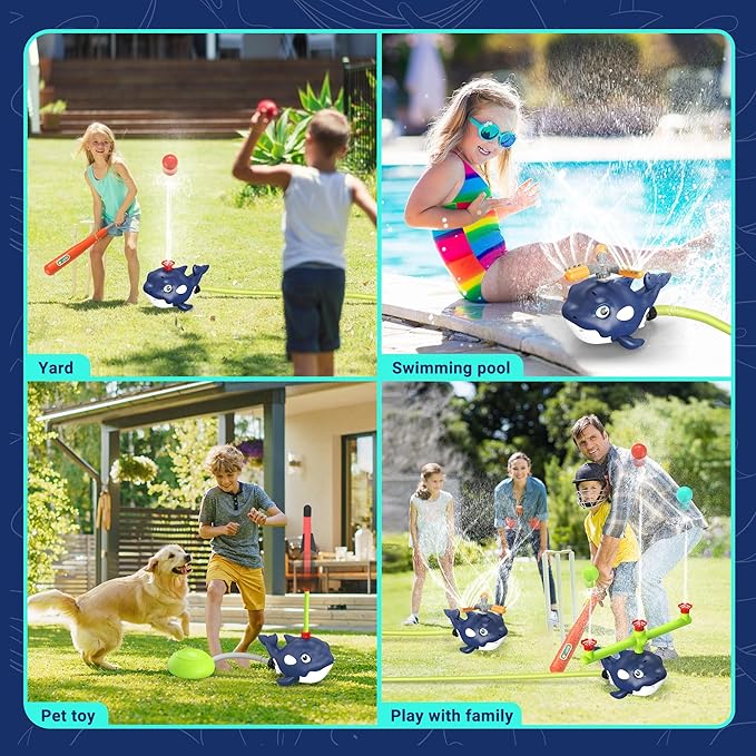 4-in-1 Whale Water Sprinkler Baseball Set for Kids,Summer Water Toy with 3 Jets, 4 Balls and Rocket Launch Game, Kids Sprinklers with 360° Rotating Sprinkler,Outdoor Water Toys for Age 3+ Years