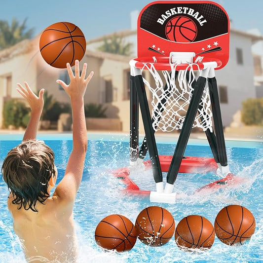 Pool Basketball Hoop Toys, Floating Basketball Hoop Pool Game with 4 Basketballs, Swimming Floats Toys with Balls Pump, Summer Outdoor Pool Water Play Toy for Kids and Adults (Red)