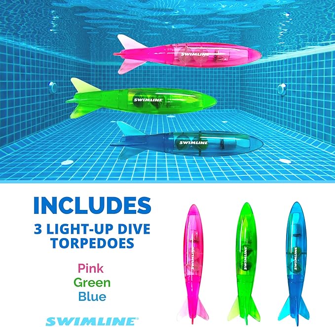 Swimline Original 3-Pack Diving Toys LED Light-Up Glowing Fun Torpedo Turbos Catch The Fish Retrieval Game for Swimming Pool & Bath Tub for Kids Multi Color Flashing Underwater Dive Practice Learn