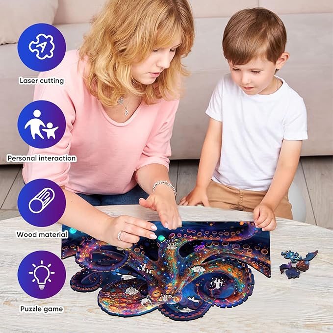 Wooden Jigsaw Puzzle for Adults and Kids Unique Shape Wood Colorful Beautiful Box Fun Challenge Brain Health Family Game Creative Gift for Friends Rompecabezas Madera(Octopus 200pcs)