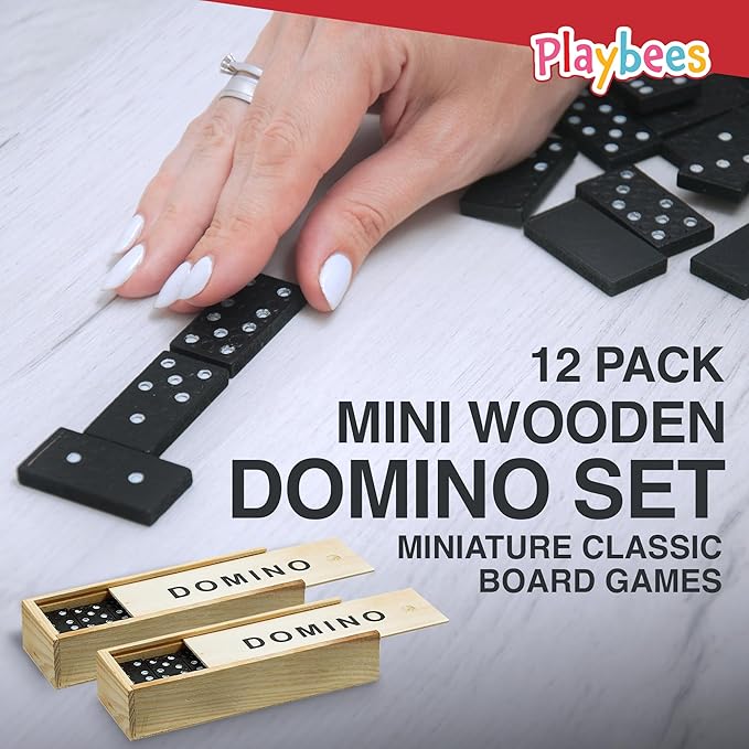 Mini Wooden Dominoes Set - 12 Pack - Classic Double Six Domino Game in a Wooden Case - Educational Board Games & Activity for Teens, Adults