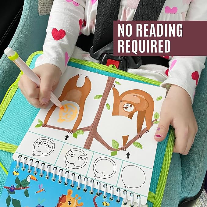 Kids Travel Educational Activity Book with Washable Markers - Car and Airplane Activities, Learning Toys for Toddlers- Search and Find, Reusable Stickers for Ages 4, 5, 6 (Jungle)