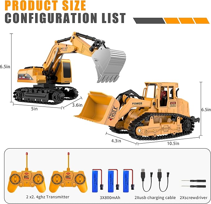 AISYAH Construction Bulldozer and RC Excavator Toy Set - RC Construction Vehicles Toy with Rechargeable Batteries, Lights and Sounds, Present for Toddlers 6-12 Year Kids