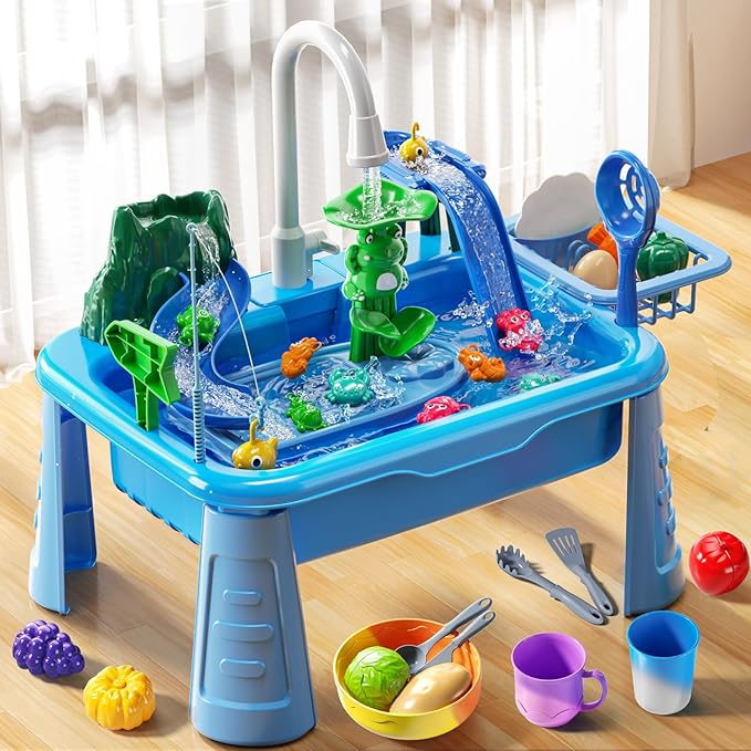 Water Table Play Sink Toy for Kids 2 3 4 5 6 Years Old - Outdoor Kitchen with Running Water, Fishing Games, Toddler Water Play Table for Kids Ages 3-8, Beach Outdoor Toys, Summer Gifts