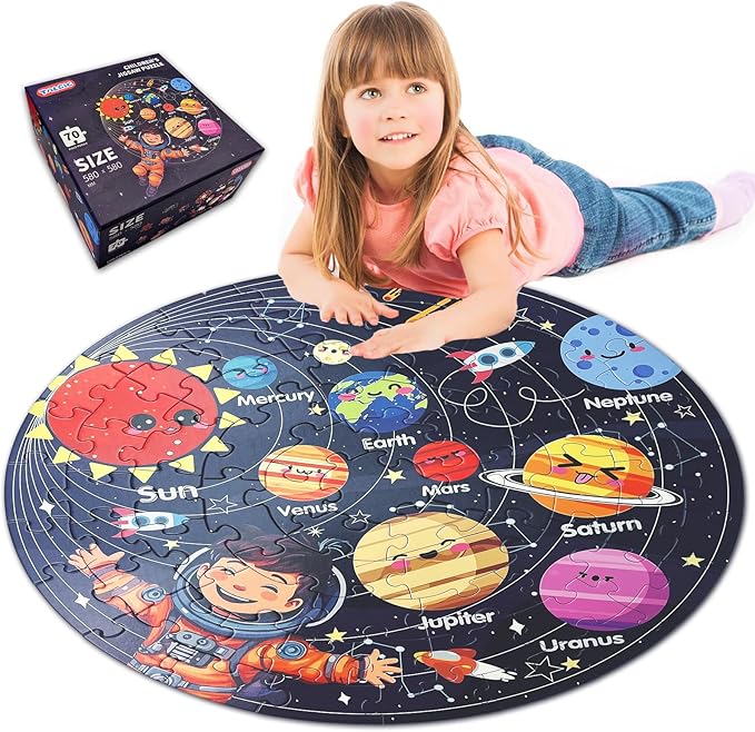 Puzzles for Kids Ages 4-6 with Solar System Planets, 70 Piece Round Large Kids Floor Puzzles for Ages 3 4 5 6 7 8, Educational Toy Gift Jigsaw Puzzles for 5 Year Old Boys Girls