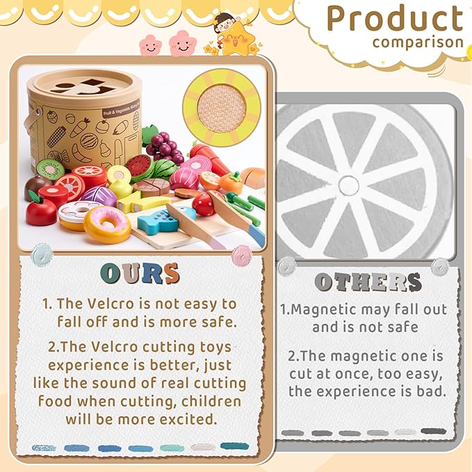 Wooden Play Food Sets for Kids Kitchen Accessories, Pretend Toy Food Velcro Fruit and Veggies Cutting Food Toy Set, Play Food Montessori Toys for 3 4 5 6 7 8 Boys and Girls Gift