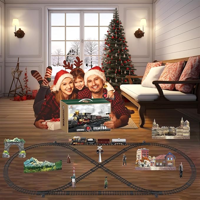 Train Set for Kids Remote Control Train Toys w/Steam Locomotive, Fuel Tank Car & Luxury Tracks, Electric Trains w/Realistic Smoke,Sounds & Lights, Christmas Birthday Gift for Boys Girls 3 4 5 6 7+