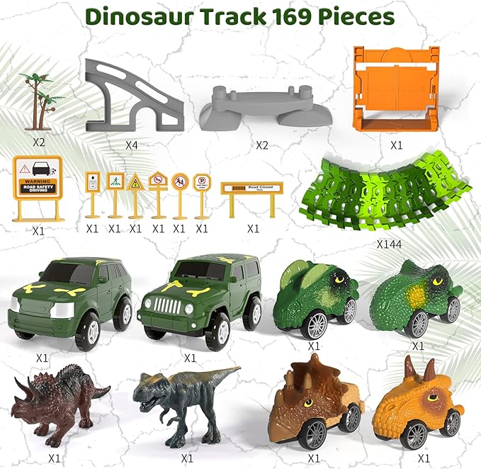 iHaHa 169 PCS Dinosaur Race Car Track Toys for Kids Toddler Boys Ages 1-3 3-5 4-7, Dinosaur Race Tracks Toys with Light, Sound & Spray, Birthday Dinosaur Toys Gifts for 2 3 4 5 Year Old Boys