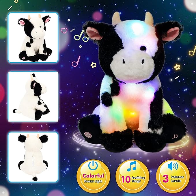 Cuteoy Cow LED Musical Stuffed Animal Light-up Singing Plush Adjustable Volume Lullaby Plushies Birthday Christmas Toy Gifts for Kids Toddler Girls, 13"