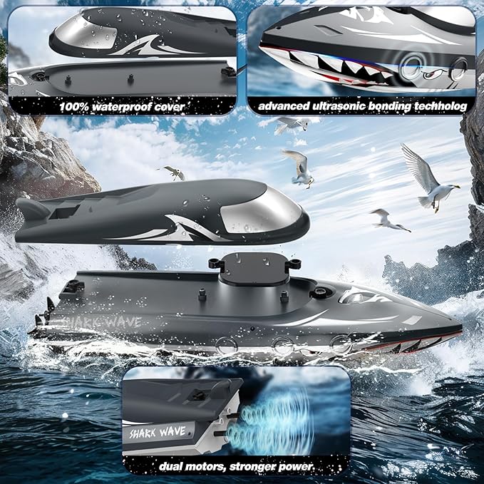 Shark RC Boat for Kids & Adults,2.4GHz High Speed Remote Control Racing Boat W/ Dual Battery 50 Min Runtime,Waterproof,Fast Remote Control Toy Gift Kids 8-12, Ideal for Pools & Lakes,Realistic Grey