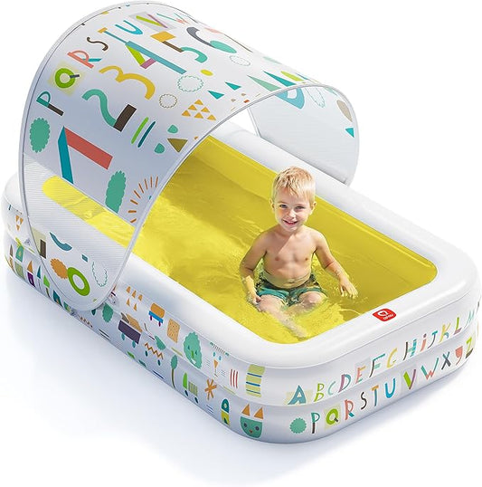 QPAU Kiddie Pool – 65" x 39" Inflatable Pool for Kids & Toddlers, Ball Pit & Baby Pool with Soft Cushioned Floor, Canopy for Sun Protection, Durable Outdoor Play Toys for Backyard & Indoor (Yellow)