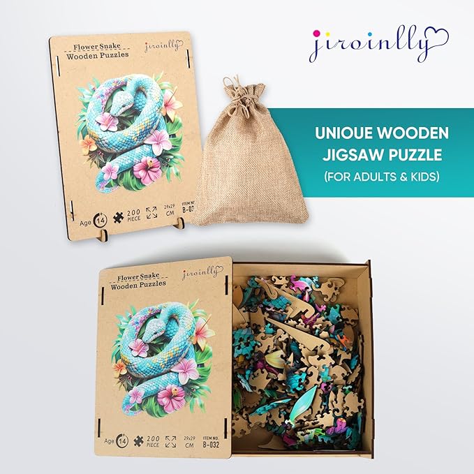 Snakes Wooden Puzzle for Adults, Animals Jigsaw Puzzles 200 Piece, Unique Shapes Family Reunion Puzzle for Adults and Kids, Beautiful Package, Best Gift for Family Friends Medium 11.4x11.4in