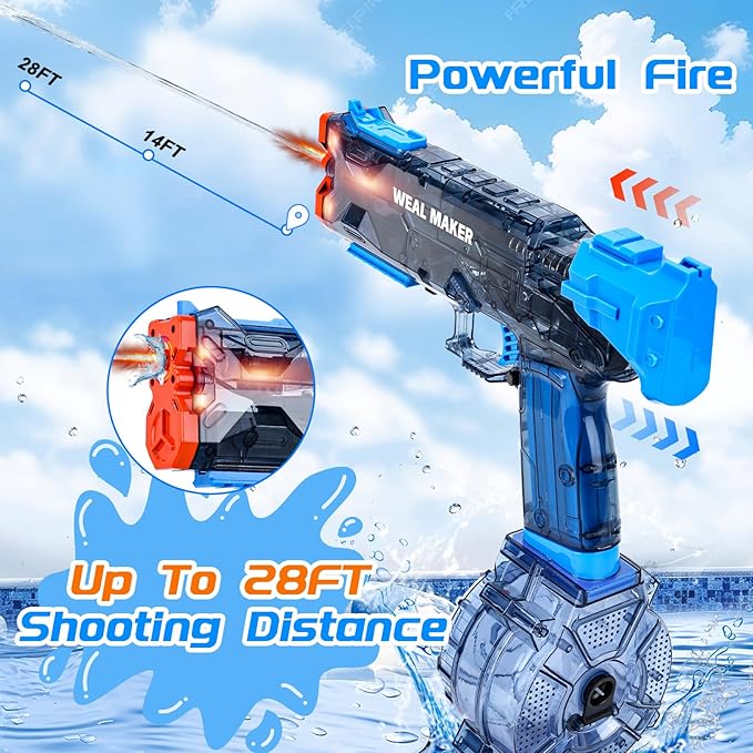 2025 Upgraded Electric Water Gun with LED Flash and USB-C Charging, IP67 Waterproof Automatic Squirt Guns 25-30 FT Range, Realistic Water Pistol for Summer Outdoor Pool Party Toys
