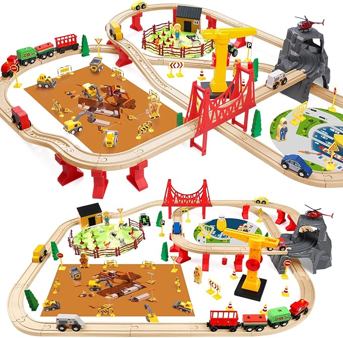 118Pcs Wooden Train Set for Kids, Wood Train Track Set Train Railway Accessories Toy Train Sets for Boys and Girls Gifts Ages 4 5 6 7 8 - Compatible with All Major Brands