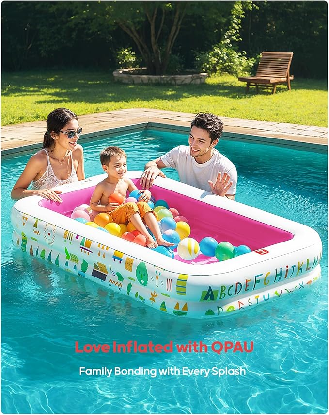 QPAU Kiddie Pool – 65" x 39" Inflatable Pool for Kids & Toddlers, Ball Pit & Baby Pool with Soft Floor, Educational Alphabet & Number, Durable Outdoor Play Toys for Backyard & Indoor Fun (Pink)
