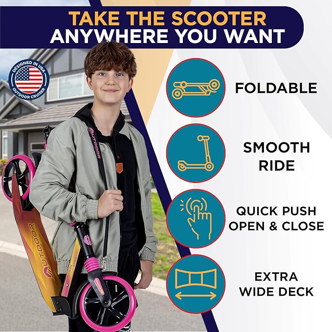 Outdoor Cruiser Kick Scooter for Ages 6+, for Kids, Teens, and Adults, Max Load 250 LBS, Foldable, 8-inch Big Wheels, Dual Suspension, 3 Adjustable Levels, Child Safety Approved, Yellow and Pink