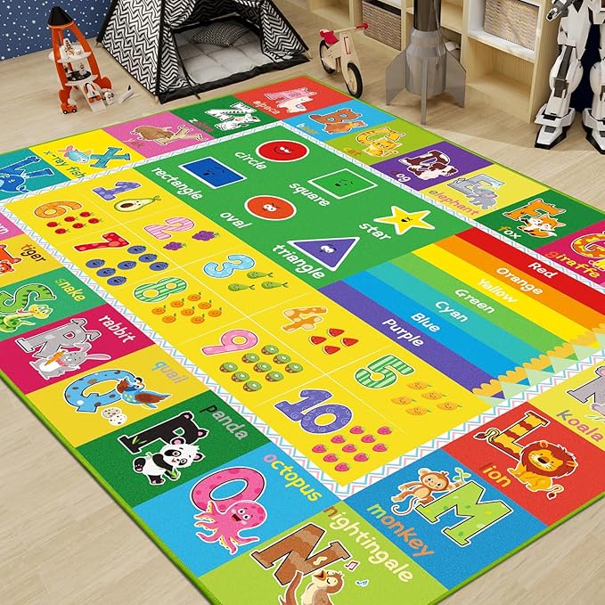 ABC Carpet, Kids Rugs for Playroom, Educational Play Mat for Kids, Preschool Rugs with ABC, Numbers, Animals Learning Rugs for Bedroom Playroom Classroom Baby Toddler Children (Yellow, 78.7X59 INCH)