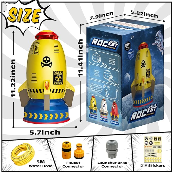 Outdoor Water Sprinkler Toys for Kids, Summer Water Rocket Sprinkler Launch Toys for Kids, Ideal Holiday Backyard Lawn Game Water Toy Birthday Gift for Boys Girls 3 Years and Up (Yellow)
