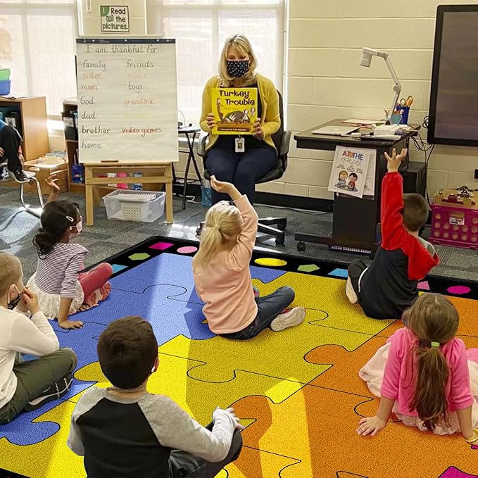 Booooom Jackson Classroom Rug Boom Puzzle Colorful Classroom Carpet 6'5"x8'5" 16 Seats for Playroom Homeschool Special Class Preschool Playroom Game Room Library Reading Circle Time Rubber
