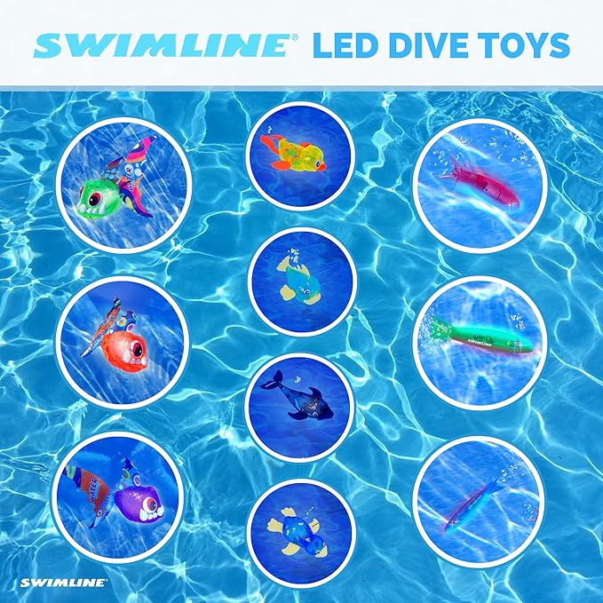 Swimline Original 1-Pack Diving Toys LED Light-Up Glowing Sea Animal Piranha Catch The Fish Retrieval Game for Swimming Pool & Bath Tub for Kids Green Color Flashing Underwater Dive Practice Learn