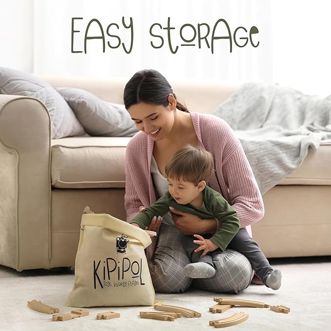 Wooden Train Tracks Set - 52 pcs+Bonus Railroad Map –Compatible W All Major Wooden Railway Toy Brands Including: Thomas The Train Track Set, Brio Train, Melissa and Doug Train Set for Kids 3+