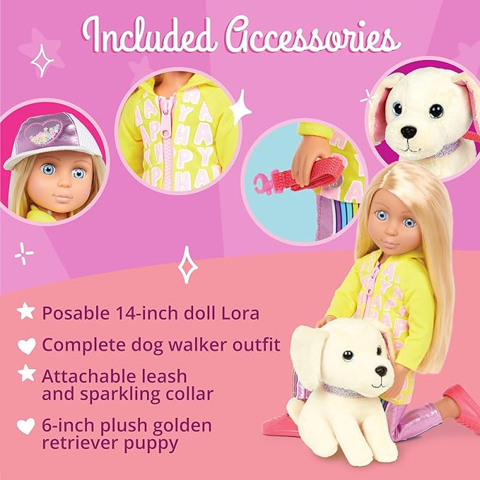 Glitter Girls – 14-inch Doll & Pet – Blue Eyes & Blonde Hair-Plush Golden Retriever Pup – 3 Years + – Lora & Cleo