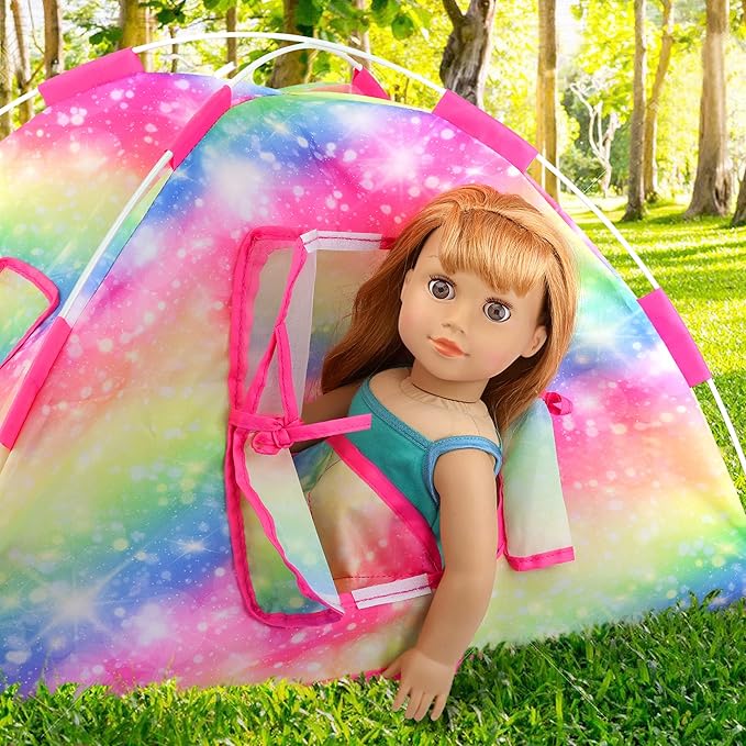 ZITA ELEMENT 7 Items Fashion Doll Camping Tent Set for 18 Inch Girl Doll Accessories - Including 18 Inch Doll Camping Tent, Sleeping Bag, Clothes Set, Shoes, Camera, Eye Glasses and Toy Dog