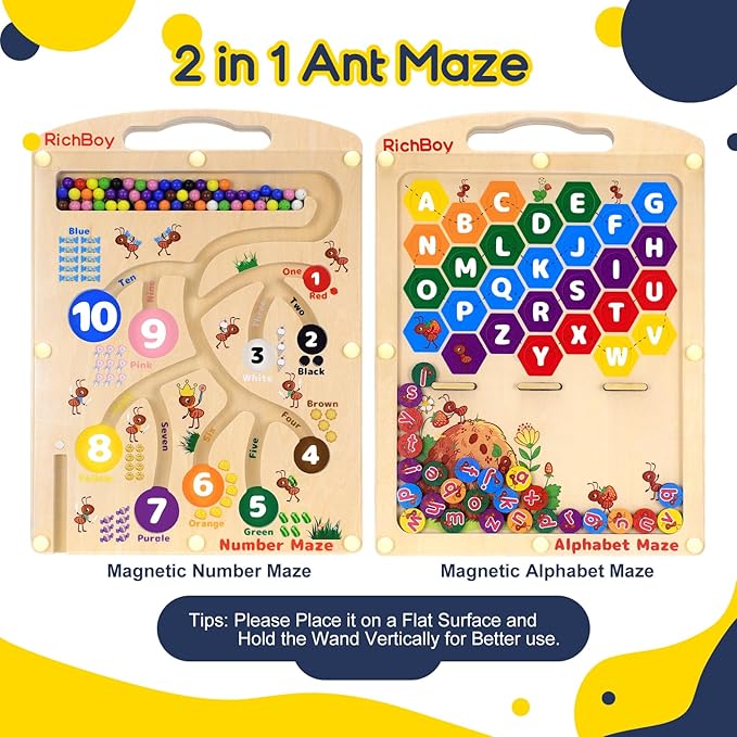 RichBoy Magnetic Maze for 3-5 Year Old, 2-in-1 Magnetic Color and Number Maze, Double-Sided Wooden Busy Board Fine Motor Skills Montessori Toys, Portable Travel Puzzle Game Toddlers Toys