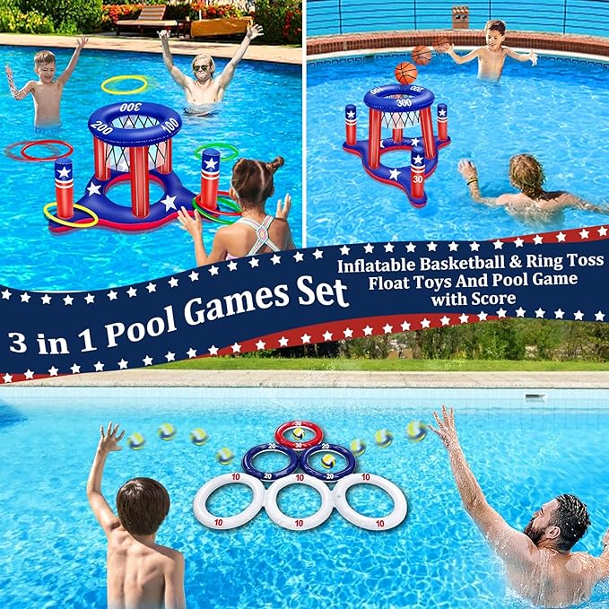 American Flag Pool Toys Games Set, Inflatable 2-in-1 Floating Basketball Hoop and Inflatable Ring Toss Pool Game with Score for Kids Teens Adults Summer Water Pool Toys 4th of July Patriotic Party