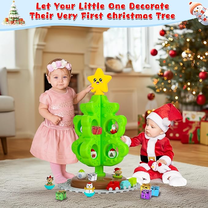 My First Christmas Tree for Toddlers, Montessori Christmas Decoration Toy with Ornaments, Mini Train Set, Roly Poly Toys, Finger Puppets, Birthday Xmas Gifts for Little Kids Boys and Girls