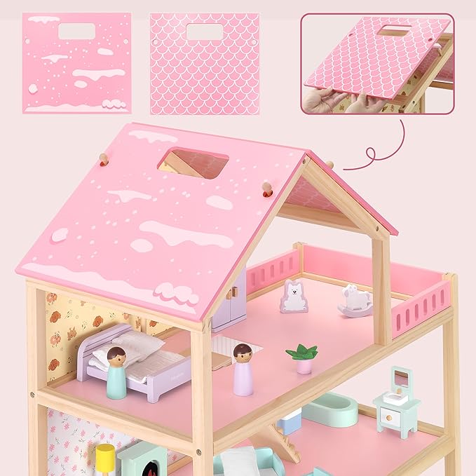 Wooden Dollhouse with 36Pcs Dollhouse Furniture Accessories, 7 Rooms Large Modern Doll House, Ideal Toy Gift for Girls Boys Toddlers Ages 3+