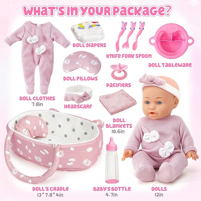Golray 12" Soft Baby Doll Set with Accessories Bassinet Carrier, 13 Pcs First Toddlers Realistic Baby Doll Crib with Pillow/ Clothes/ Feeding Kit, Pretend Play Toy Birthday Gift for Girls Ages 3 4 5 6