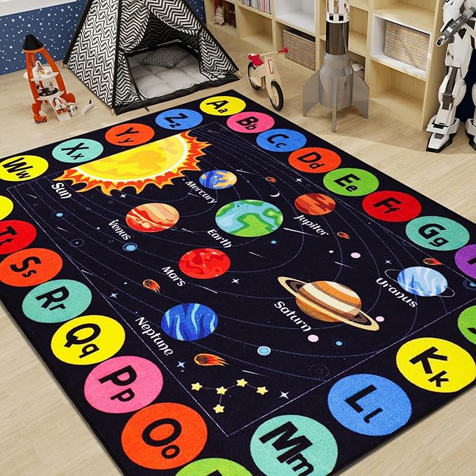 Kids Rug Outer Space Carpet for Playroom, ABC Educational Learning Area Rug, Non-Slip Solar System Road Play Play Rug for Kids Bedrooms, Classroom (Black, 110.2X78.7 INCH)