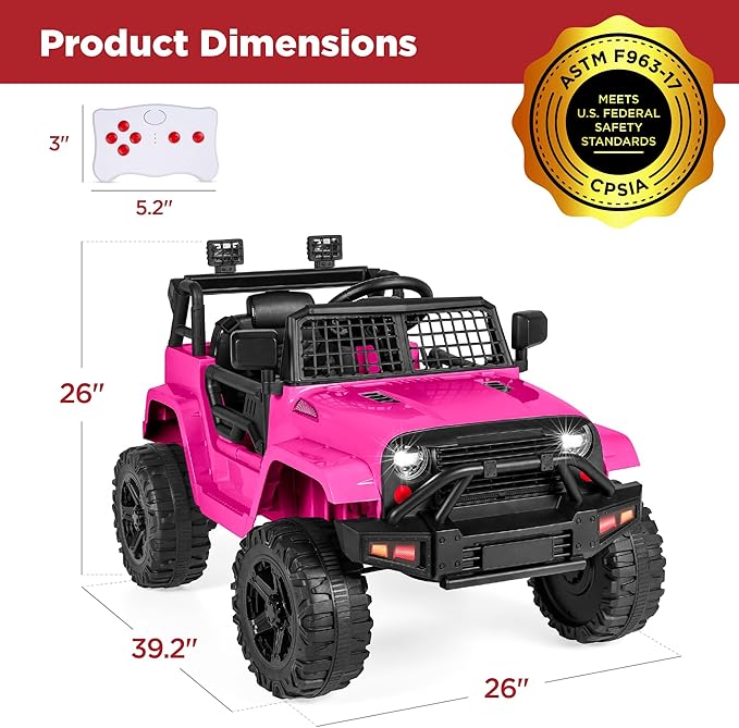 Best Choice Products 12V Kids Ride On Truck Car w/Parent Remote Control, Spring Suspension, LED Lights, AUX Port - Hot Pink