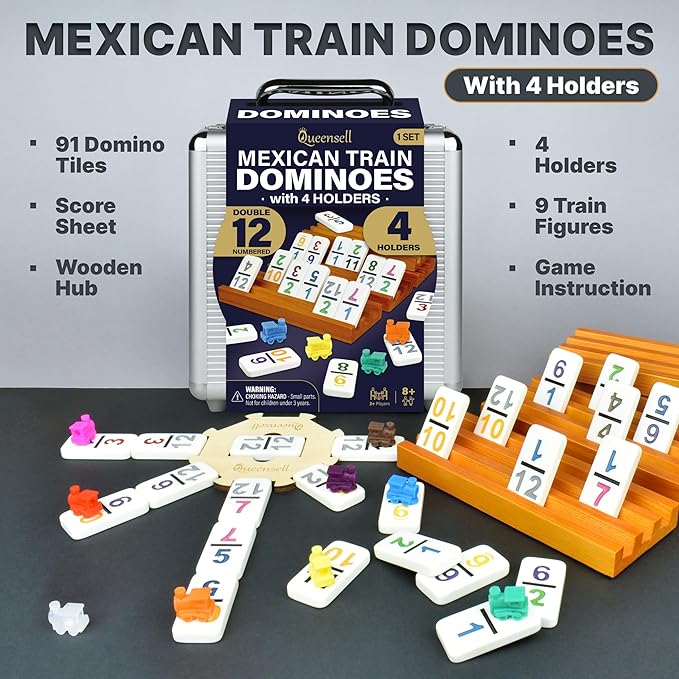 Queensell Mexican Train Dominoes Set with Numbers and 4 Holders - Wooden Hub and Domino Holders - Double 12 with Numbers (D12 Numbers + 4 Holders)