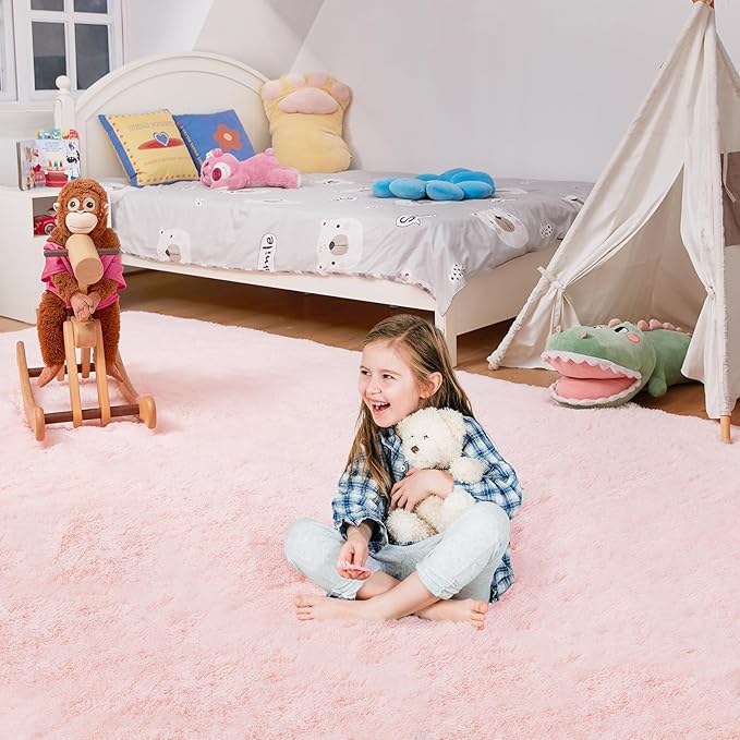 Fluffy Cute Rug for Living Bedroom, Pink Fluffy Soft Plush Area Rugs for Girls Bedroom, Fuzzy Nursery Rug for Baby's Toddler's,Clorful Room Decor for Teenage, Easy-Cleaning, Non Shedding, 3X4